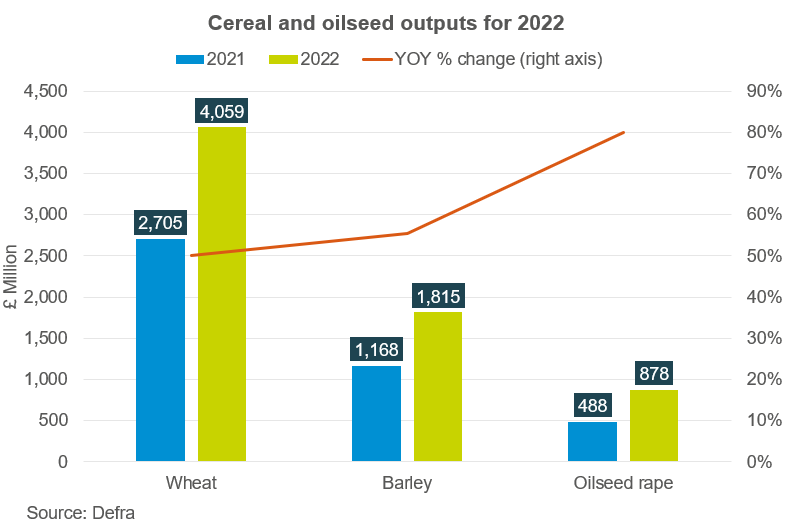 Figure showing cereal and oilseed output for 2022 by product